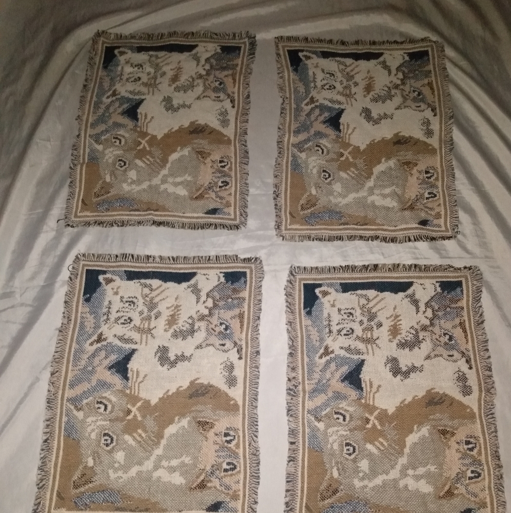 4 cat theme New woven fabric beige fringed cotton placemats 13 x 19 - Picture 5 of 5
